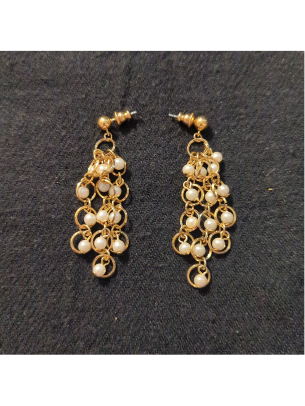 Gold Tone White Faux Pearl Dangle Statement Earrings